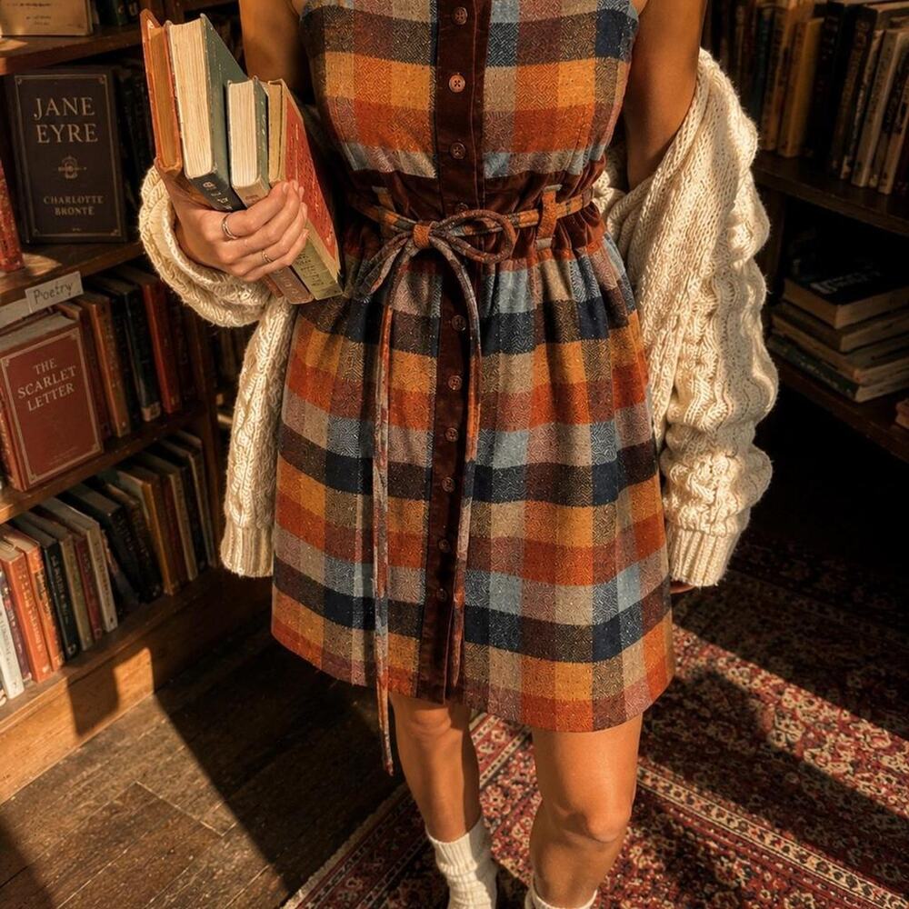 Maple 100% Wool Plaid Dress Button Front Belted Size 2
